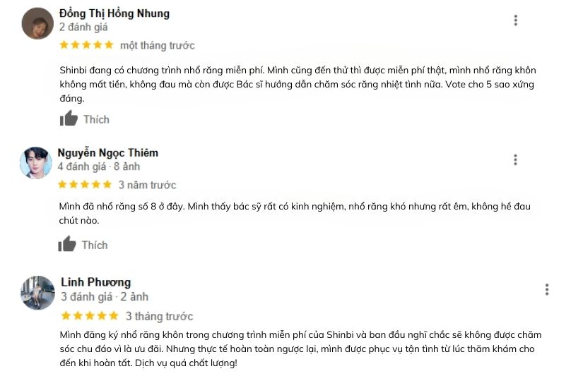 Đánh giá của khách hàng khi chọn nhổ răng khôn ở Shinbi Đánh giá của khách hàng khi chọn nhổ răng khôn ở Shinbi